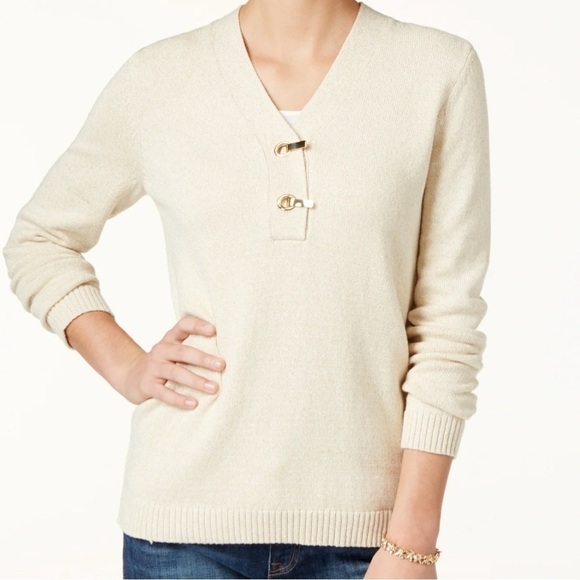 Charter Club Women Sweater V Neck Glitter Gold Hooks Sweater Beige Size Medium - Picture 1 of 12